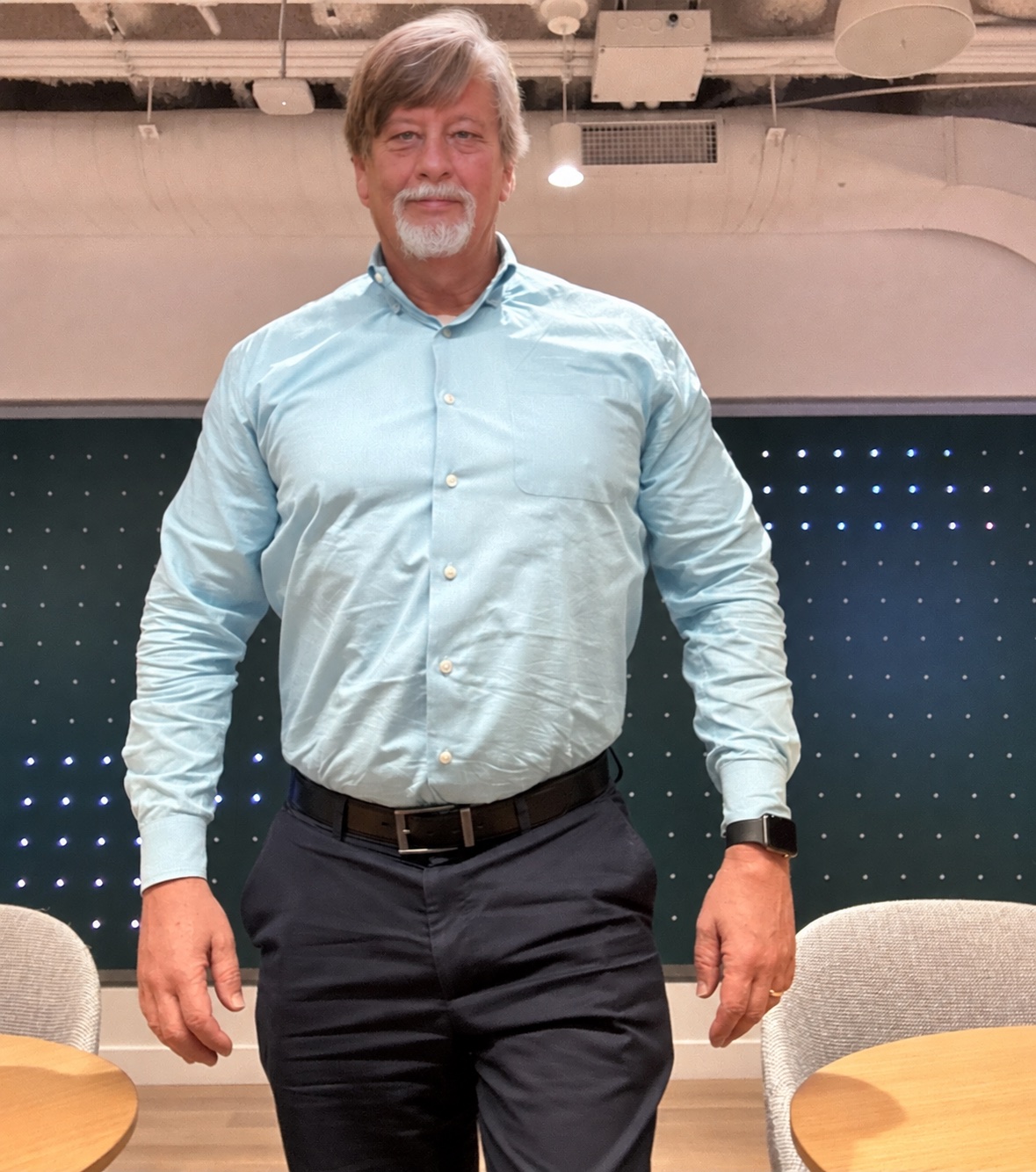 Richard Mercer in a blue shirt