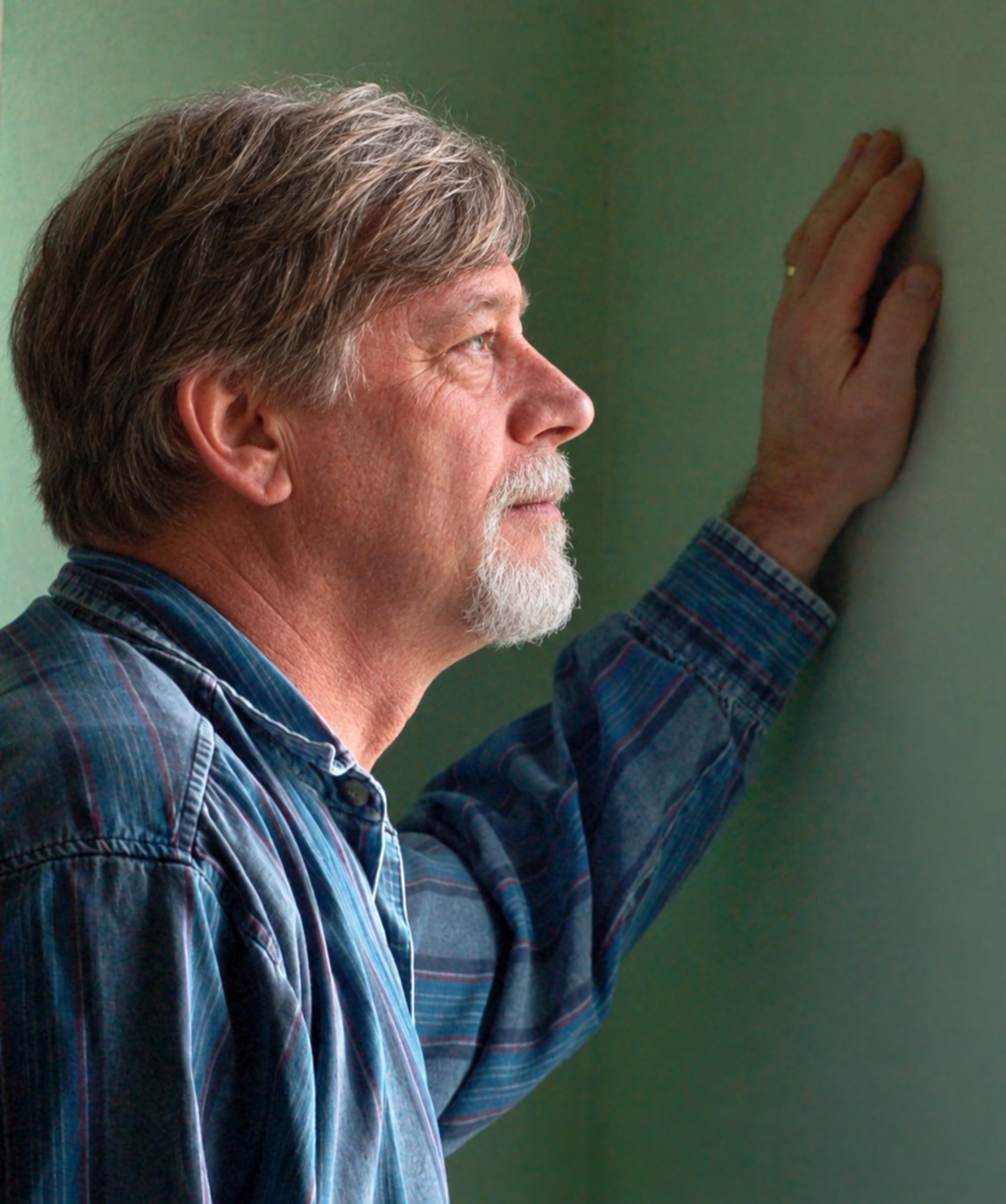 Richard beside a window in a blue checked shirt